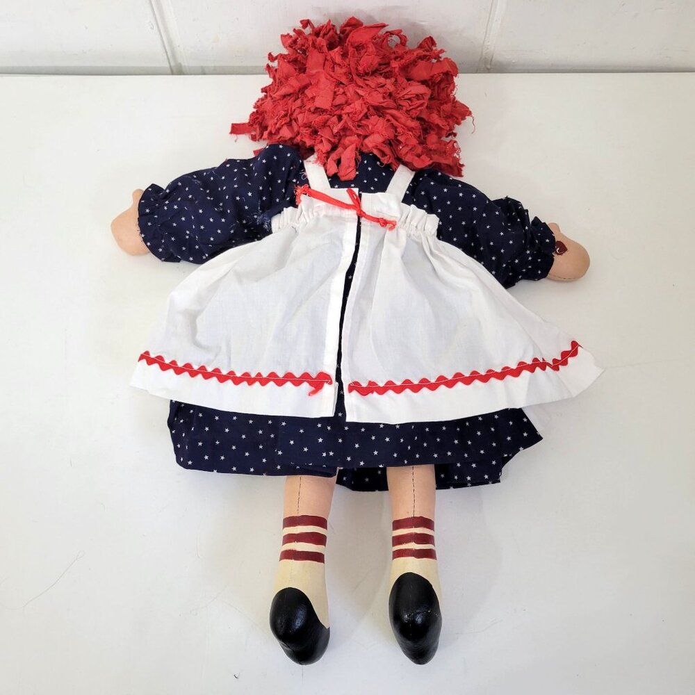 Handmade Rag Doll With Red Hair Navy Polka Dot Dress White Apron And Painted Sho - Picture 4 of 8